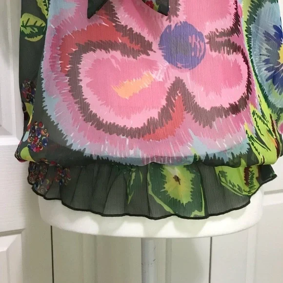 Desigual Sheer Floral Tie V-Neck Blouse S Y2K Cap Sleeve Art Print - Picture 6 of 17